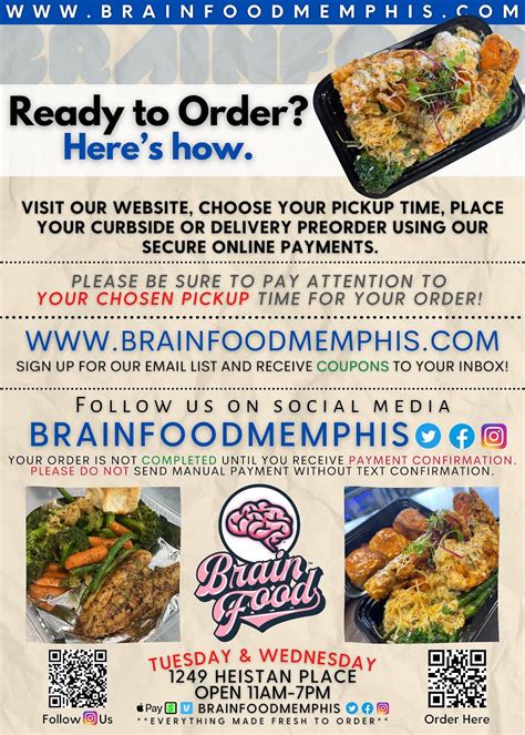 Brain Food Memphis offers chef-inspired dishes for pick up at OtherFoods Kitchen in Midtown on Tuesdays and Wednesdays from 1130 a. . Brainfood memphis